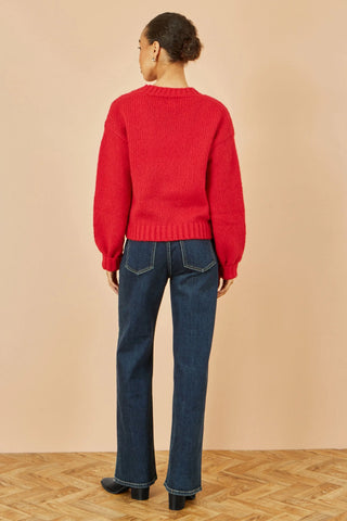 Yumi Red Hand Embroidered Chunky Knitted Cardigan Yumi