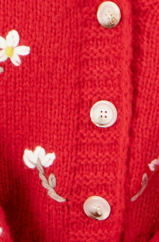 Yumi Red Hand Embroidered Chunky Knitted Cardigan Yumi