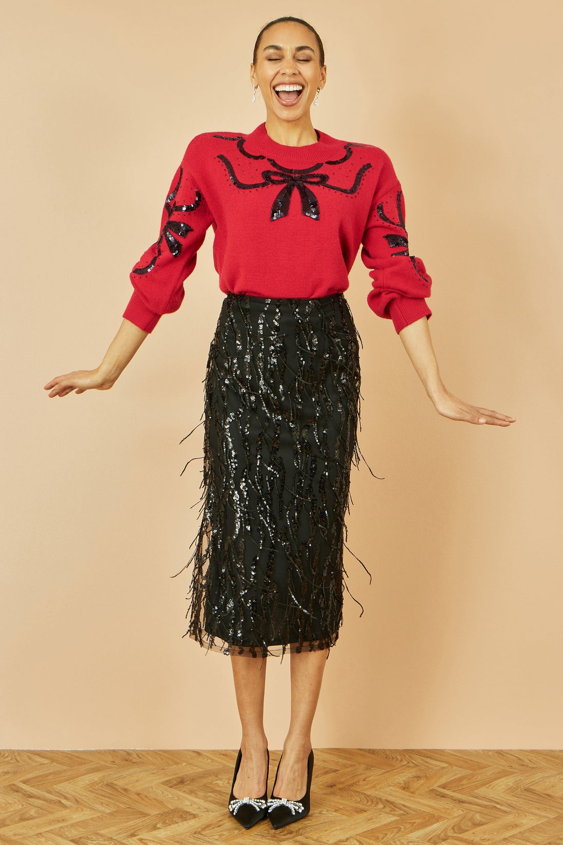 Red Sequinned Bow Neckline Jumper Yumi