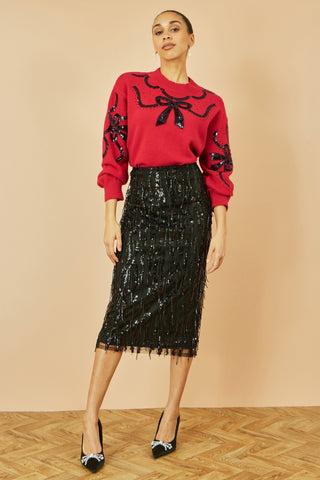 Red Sequinned Bow Neckline Jumper Yumi