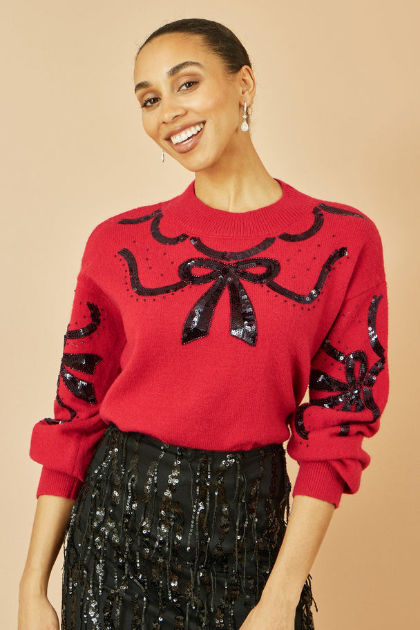 Red Sequinned Bow Neckline Jumper Yumi