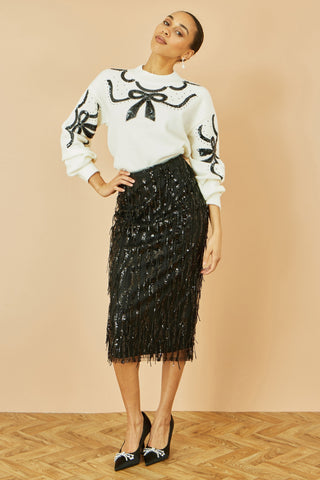 White Sequinned Bow Neckline Jumper Yumi