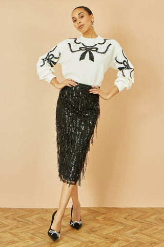 White Sequinned Bow Neckline Jumper Yumi