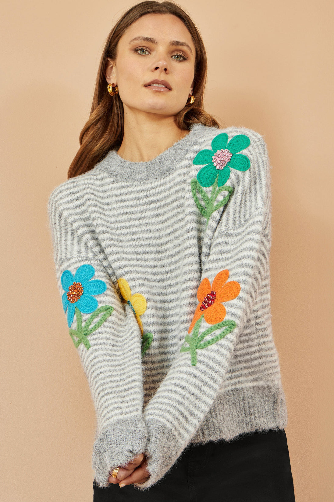 Grey Striped Relaxed Fit Jumper With Flowers - Ezeyor