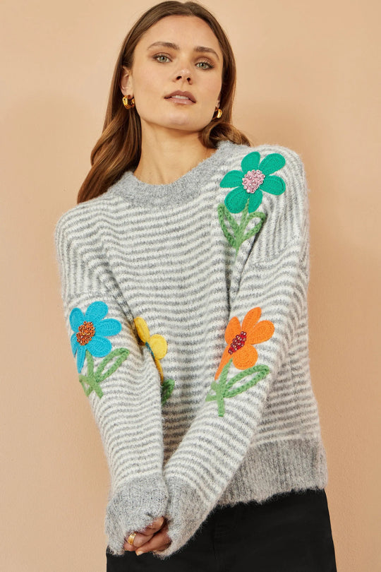 Grey Striped Relaxed Fit Jumper With Flowers - Ezeyor