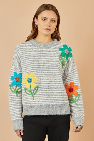 Grey Striped Relaxed Fit Jumper With Flowers - Ezeyor