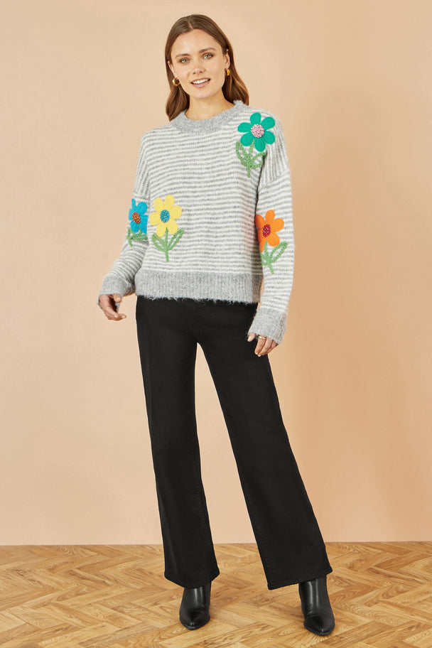 Grey Striped Relaxed Fit Jumper With Flowers - Ezeyor
