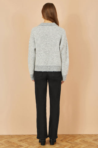 Grey Striped Relaxed Fit Jumper With Flowers - Ezeyor