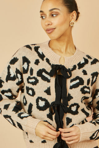 Yumi Beige Animal Print tie front cardigan in soft intarsia knit with oversized animal print design