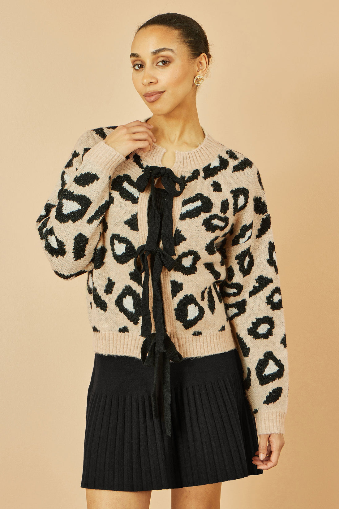 Yumi beige animal print intarsia knit cardigan with tie front detail for layering