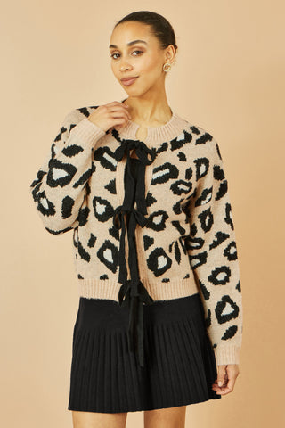 Yumi beige animal print intarsia knit cardigan with tie front detail for layering