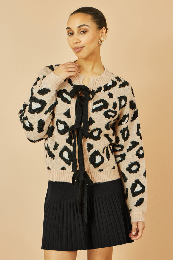 Yumi beige animal print intarsia knit cardigan with tie front detail for layering