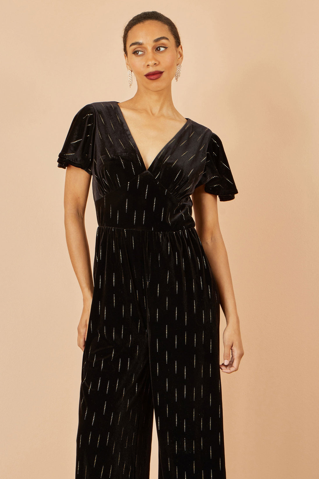 Yumi Black Foil Print Velvet Jumpsuit - Ezeyor