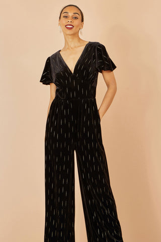 Yumi Black Foil Print Velvet Jumpsuit - Ezeyor