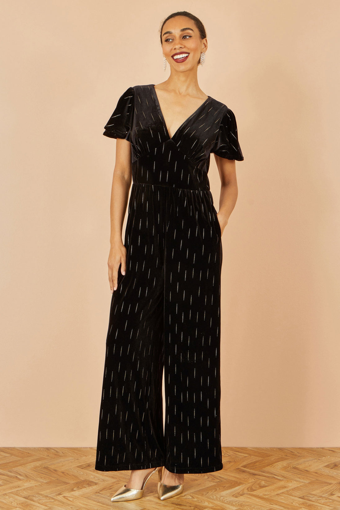 Yumi Black Foil Print Velvet Jumpsuit - Ezeyor
