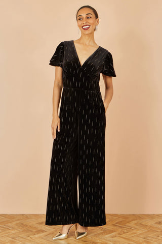 Yumi Black Foil Print Velvet Jumpsuit - Ezeyor