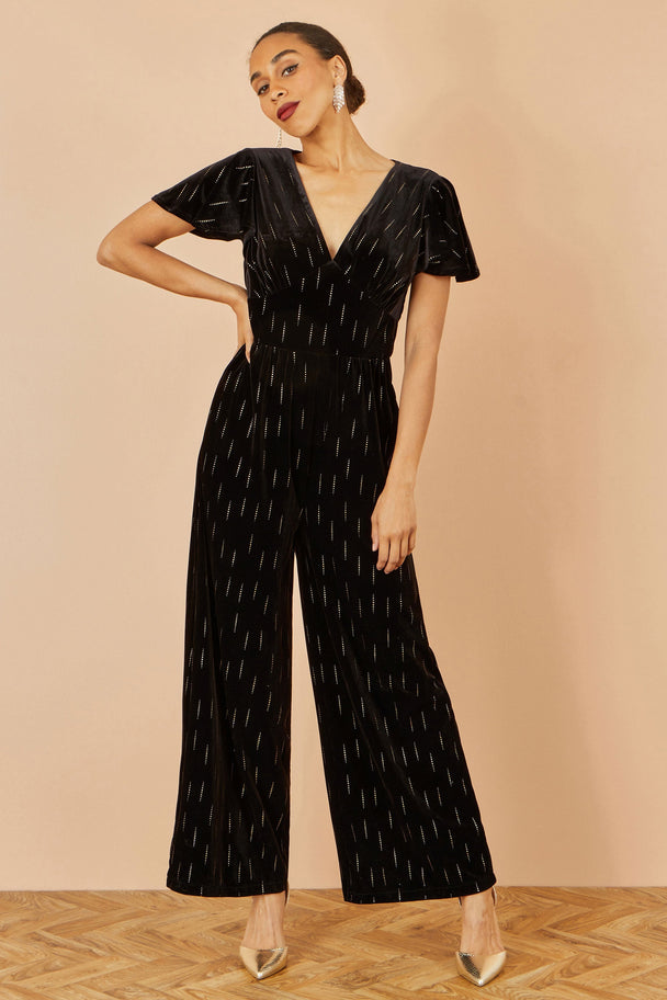 Yumi Black Foil Print Velvet Jumpsuit - Ezeyor