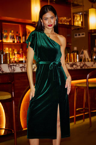 Yumi green velvet one shoulder frill midi dress with split hem and waist tie
