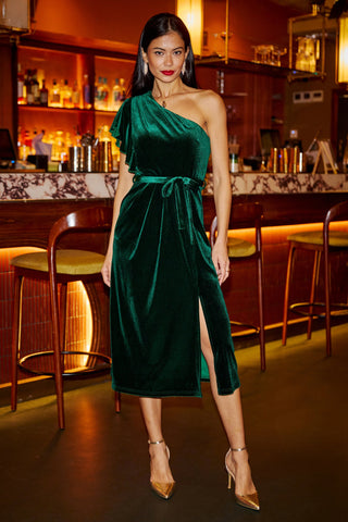 Yumi Green Velvet one shoulder midi dress with frill and split hem for party season