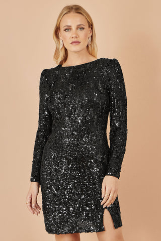 Black Sequin Long Sleeve Fitted Dress Yumi