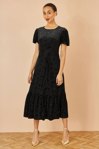 Yumi Black Floral Velour Velvet Twist Waist Midi Dress Yumi