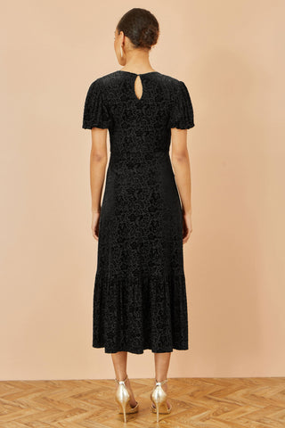 Yumi Black Floral Velour Velvet Twist Waist Midi Dress Yumi