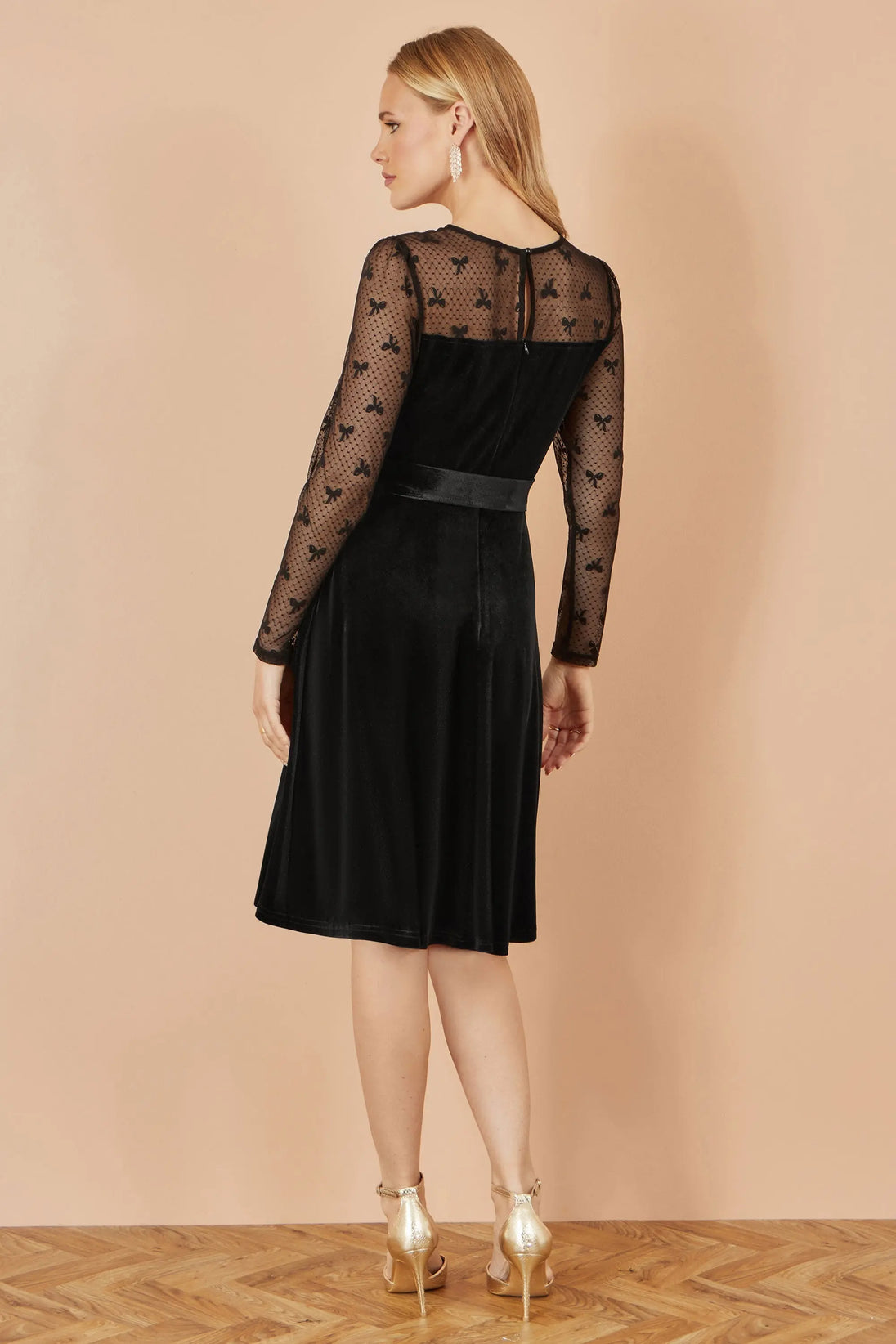 Yumi Black Velvet Skater Dress With Mesh Bow Sleeves Yumi