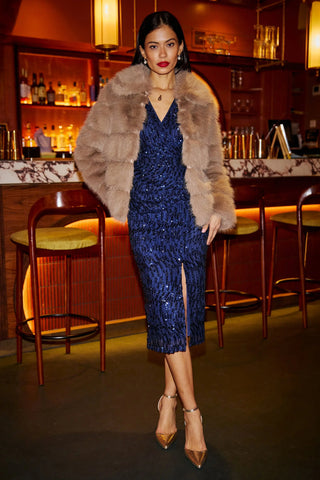 Navy Sequin Fitted Wrap Dress With Split Hem - Ezeyor