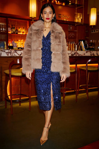 Navy Sequin Fitted Wrap Dress With Split Hem - Ezeyor