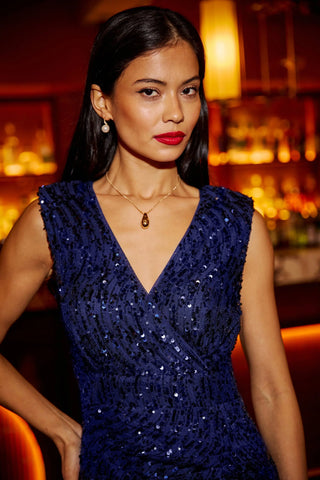 Navy Sequin Fitted Wrap Dress With Split Hem - Ezeyor