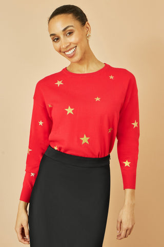 Red gold foil star print relaxed fit jumper with soft knit and round collar