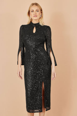 Black Sequin Fitted Midi Dress With Flute Sleeves - Ezeyor