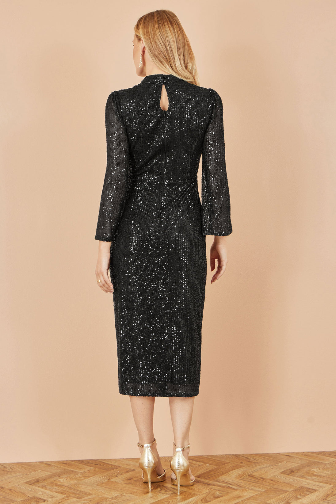 Black Sequin Fitted Midi Dress With Flute Sleeves - Ezeyor