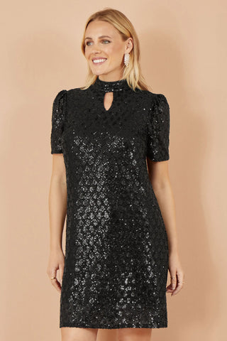 Black Sequin Tunic Dress with Chevron Pattern & Keyhole Neckline - Ezeyor