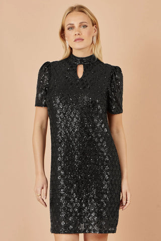 Black Sequin Tunic Dress with Chevron Pattern & Keyhole Neckline - Ezeyor