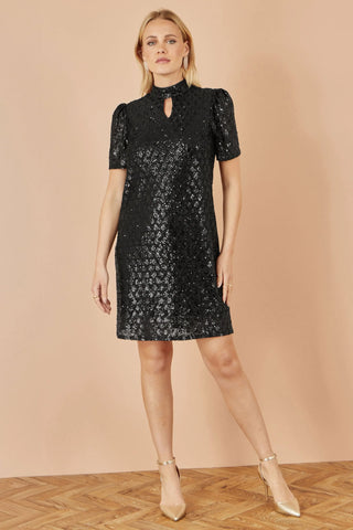 Black Sequin Tunic Dress with Chevron Pattern & Keyhole Neckline - Ezeyor