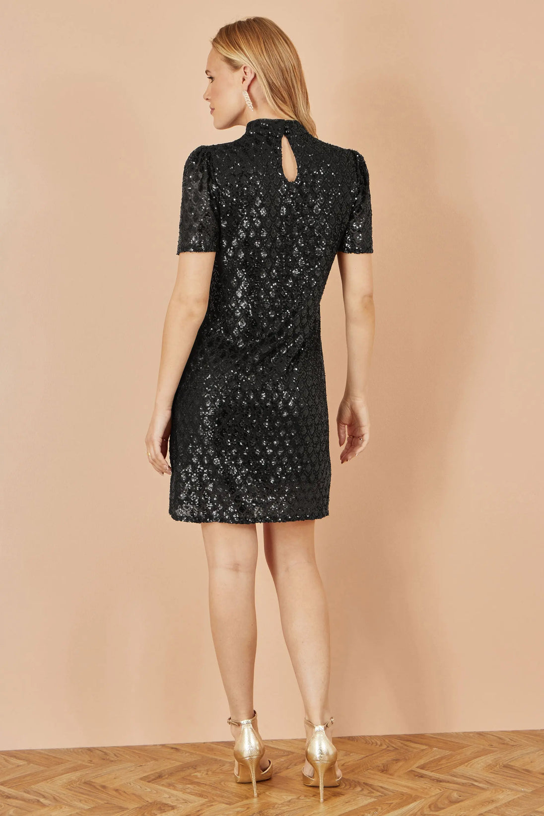 Black Sequin Tunic Dress with Chevron Pattern & Keyhole Neckline - Ezeyor