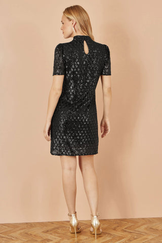 Black Sequin Tunic Dress with Chevron Pattern & Keyhole Neckline - Ezeyor