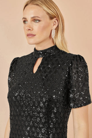Black Sequin Tunic Dress with Chevron Pattern & Keyhole Neckline - Ezeyor