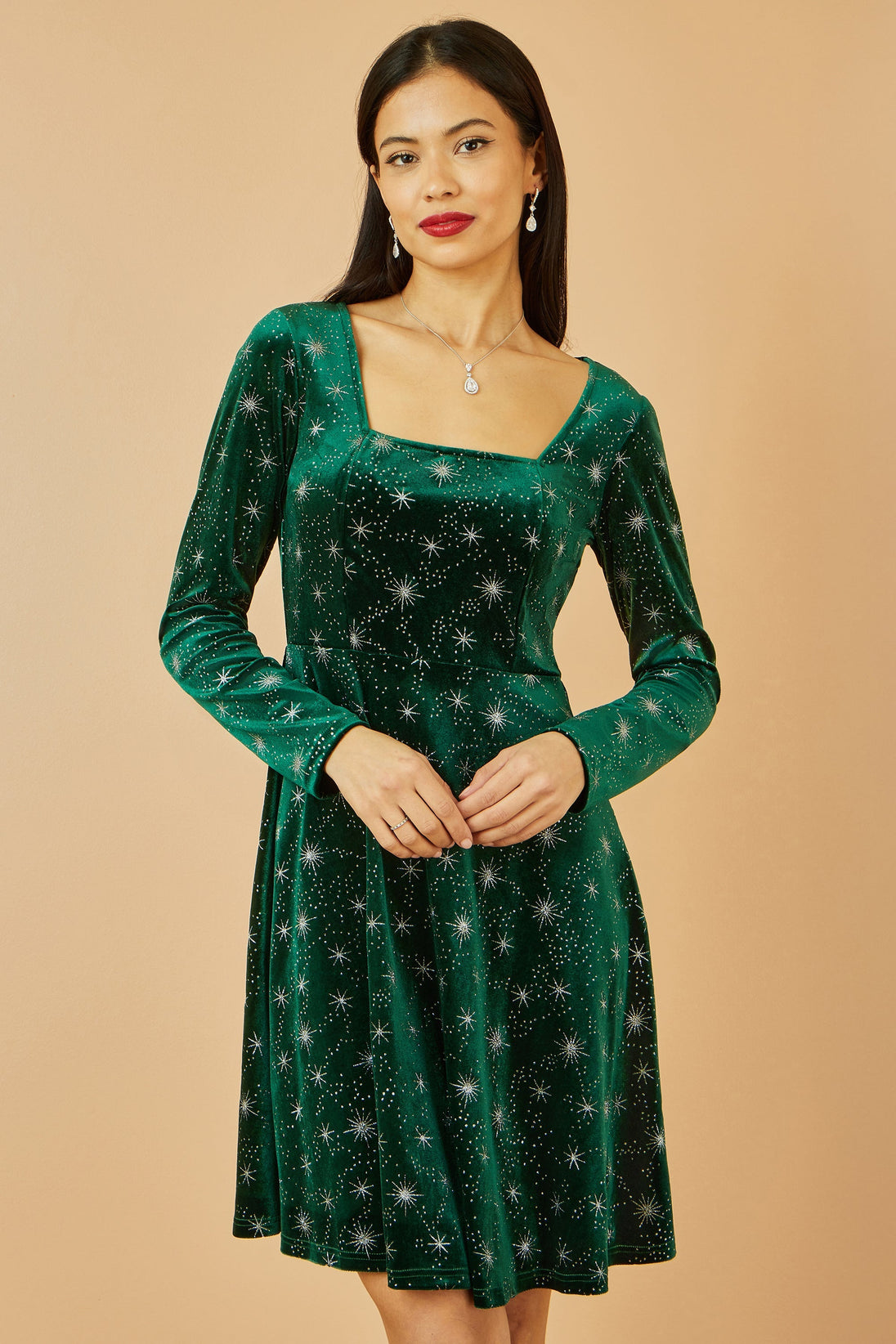 Green Starburst Foil Print Long Sleeve Skater Dress - Ezeyor