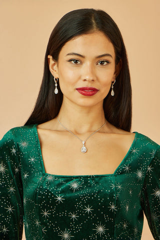 Green Starburst Foil Print Long Sleeve Skater Dress - Ezeyor