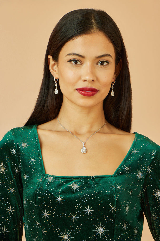 Green Starburst Foil Print Long Sleeve Skater Dress - Ezeyor