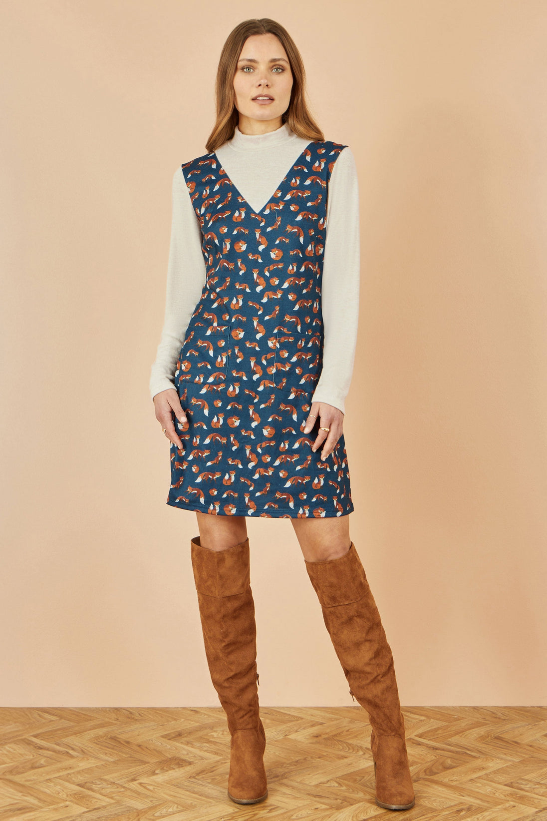 Navy Fox Long Sleeve Layered Tunic Dress With Front Pocket - Ezeyor