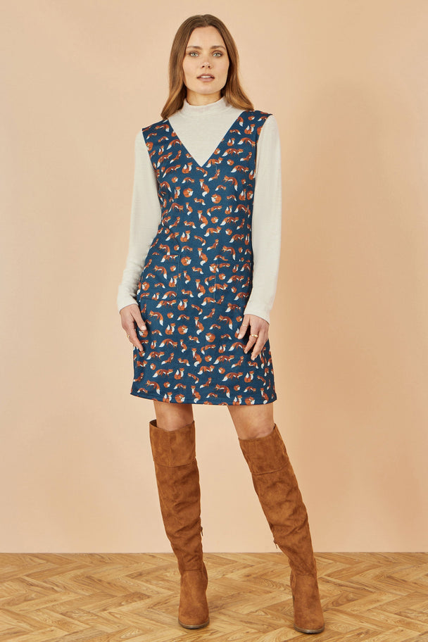 Navy Fox Long Sleeve Layered Tunic Dress With Front Pocket - Ezeyor