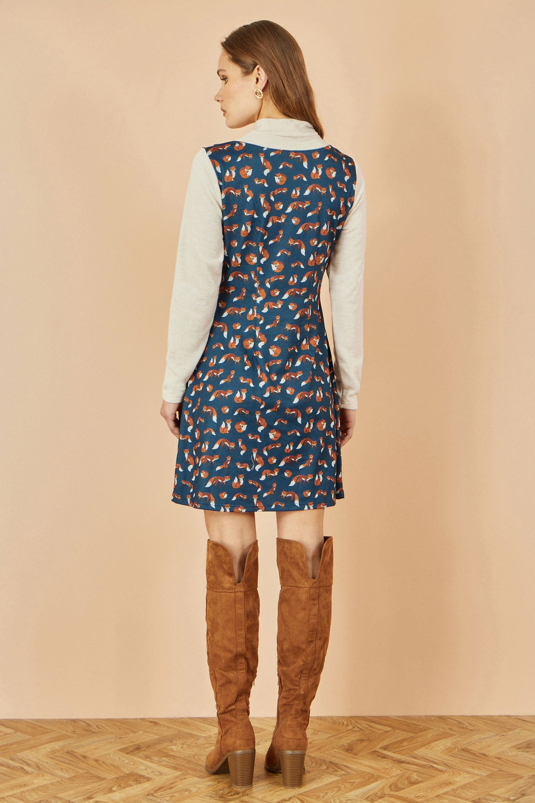 Navy Fox Long Sleeve Layered Tunic Dress With Front Pocket - Ezeyor