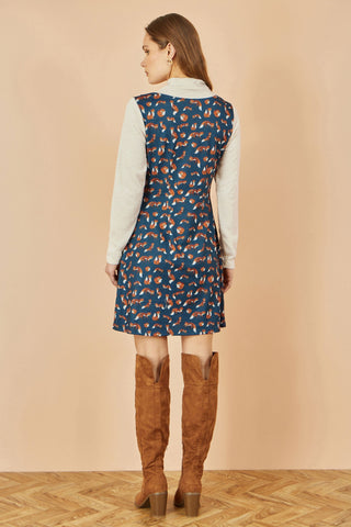 Navy Fox Long Sleeve Layered Tunic Dress With Front Pocket - Ezeyor