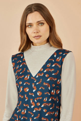 Navy Fox Long Sleeve Layered Tunic Dress With Front Pocket - Ezeyor