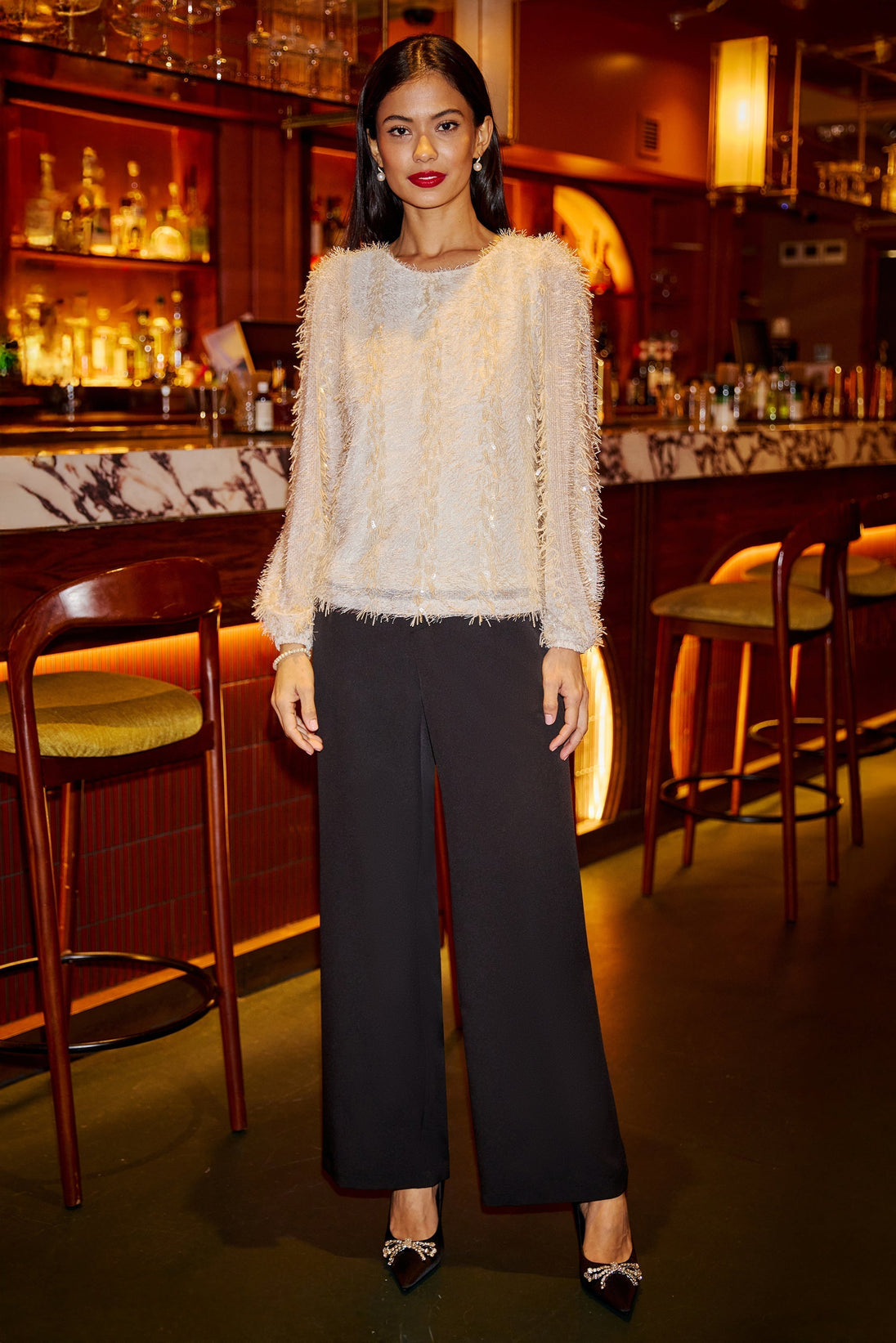 Ivory Hanging Sequin Long Sleeve Top Yumi