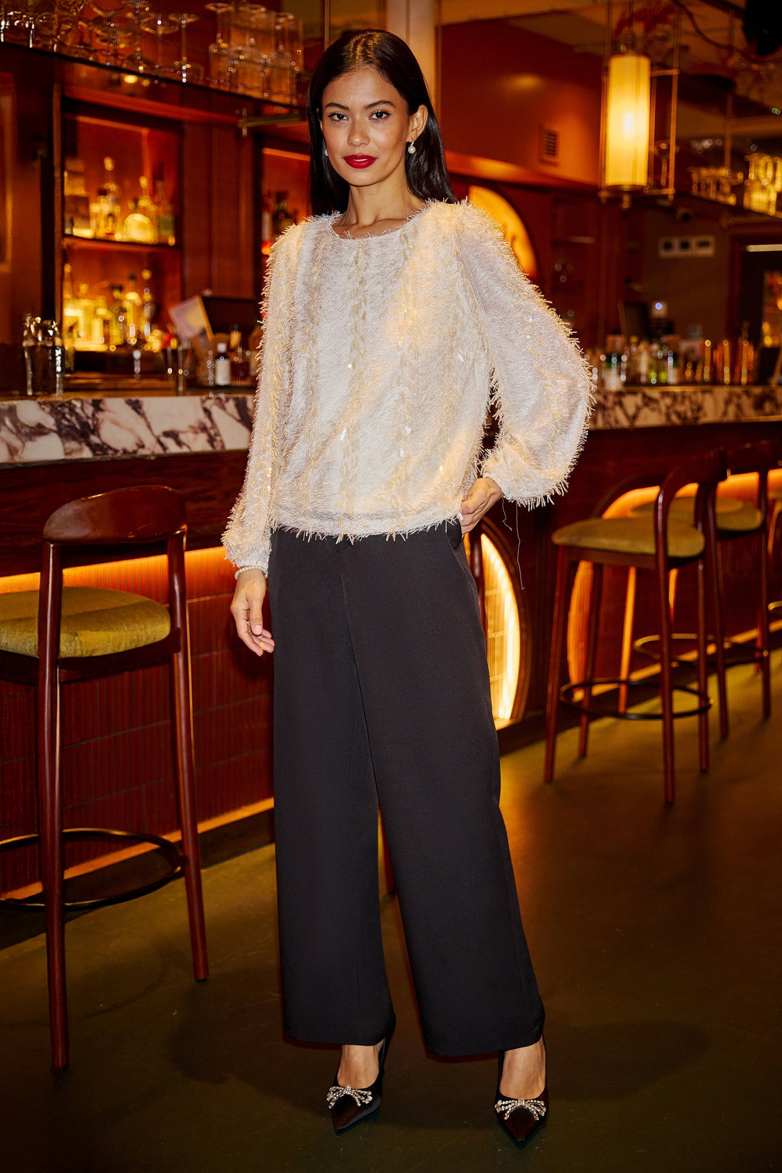 Ivory Hanging Sequin Long Sleeve Top Yumi