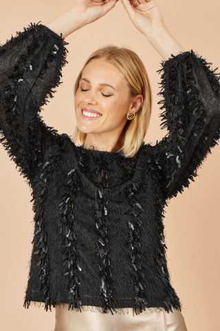 Yumi Black Hanging Sequin Long Sleeve Top Yumi